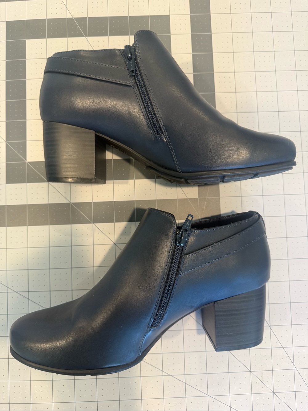 Women’s Navy Blue Leather Ankle Booties with Block Heel